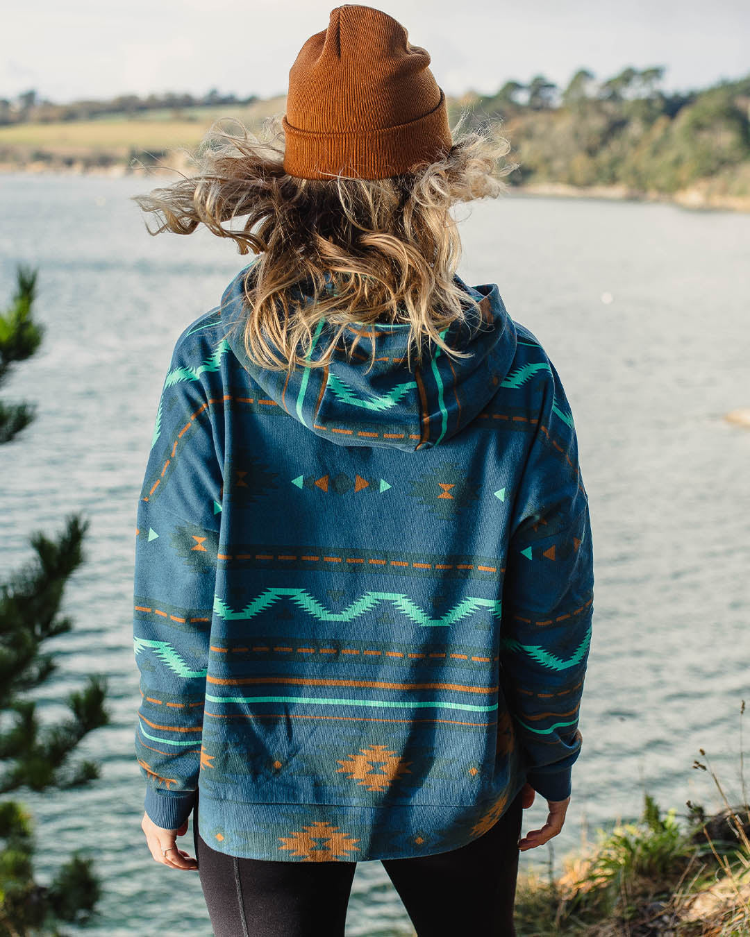 Wilderness Recycled Cotton Printed Hoodie - Blue Coral Geo Pattern Two