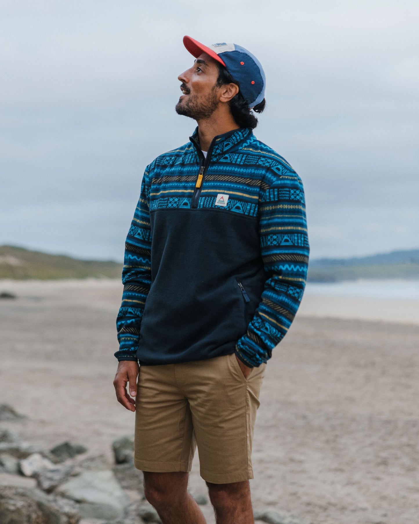 Set Off Recycled Polar 1/4 Zip Fleece - Patchwork Stripe Tidal Blue/ Deep Navy