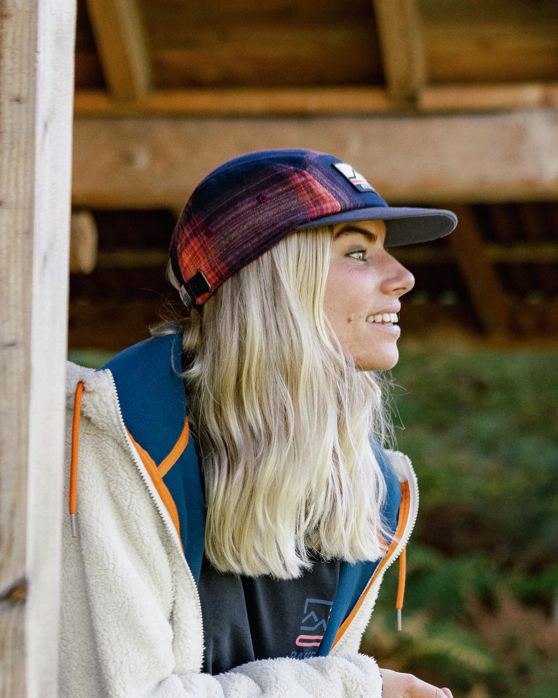 Womens_Fixie Recycled Flannel 5 Panel Cap - Rich Navy/ Red Ochre Check