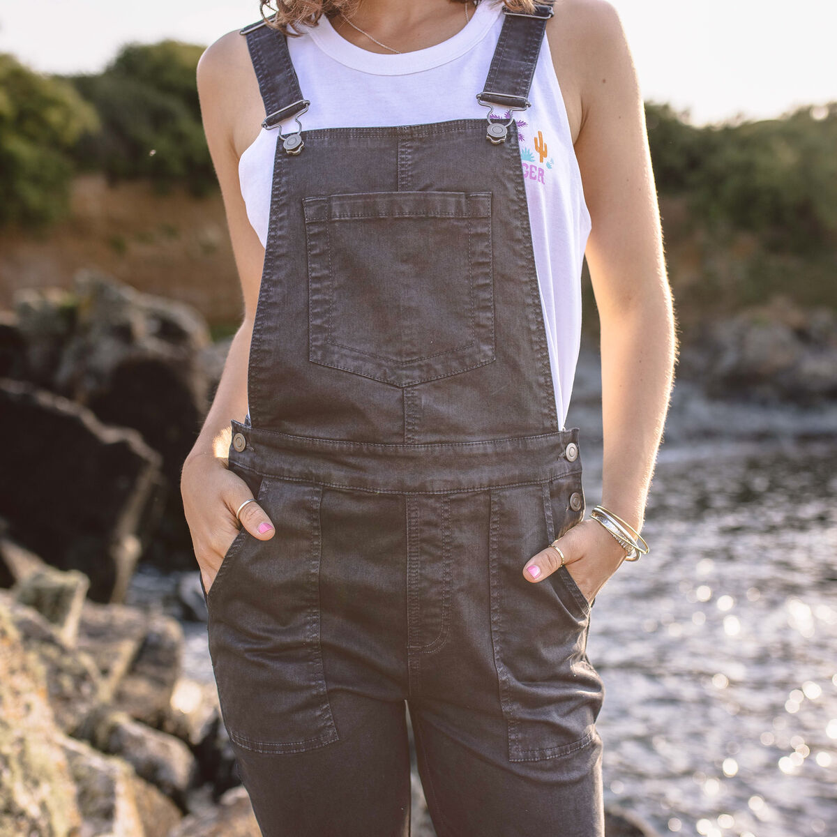 Faded black store overalls